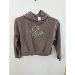 Zara Kids Brown Cropped Hoodie With Paris 1985 Embroidery